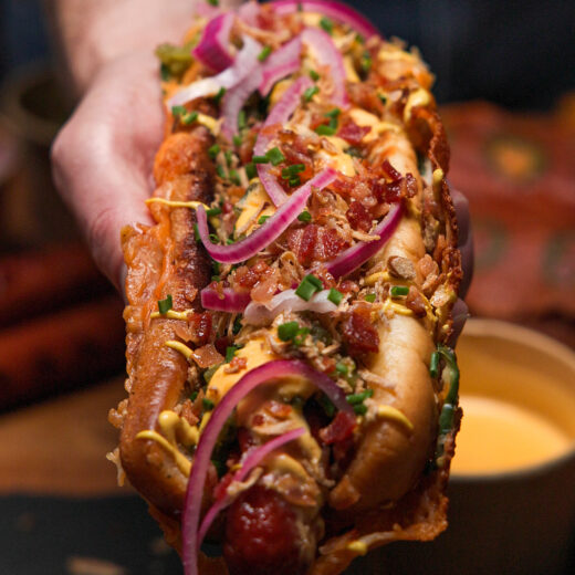 Cheese-Crusted Hot Dogs with Jalapeño Tequila Relish